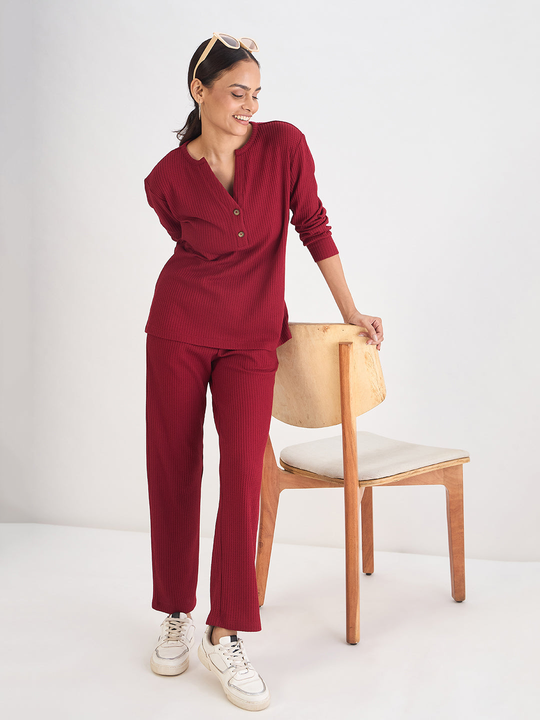 Deep Red Waffle Knit Straight Pants