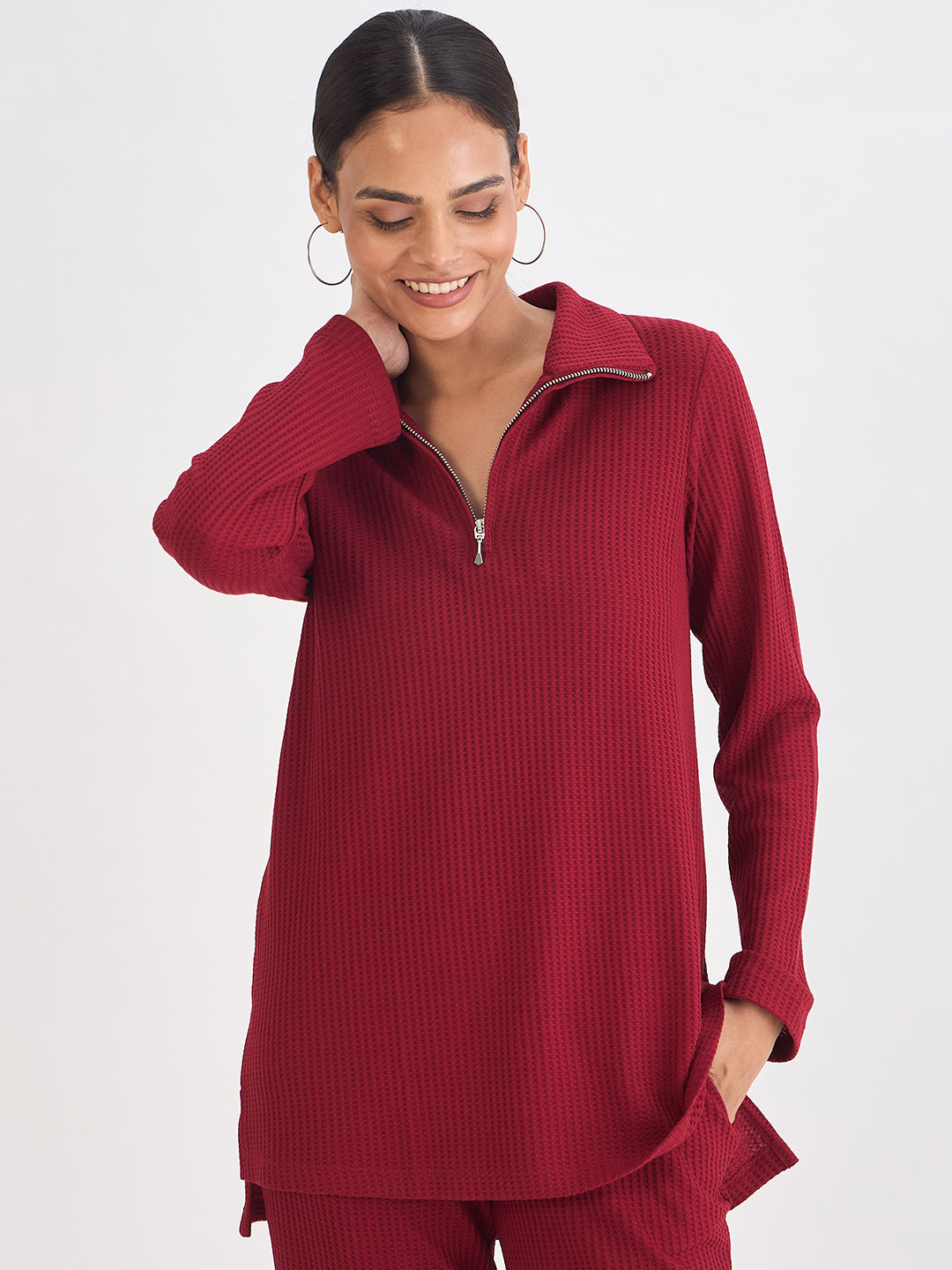 Deep Red Waffle Knit High Neck Top