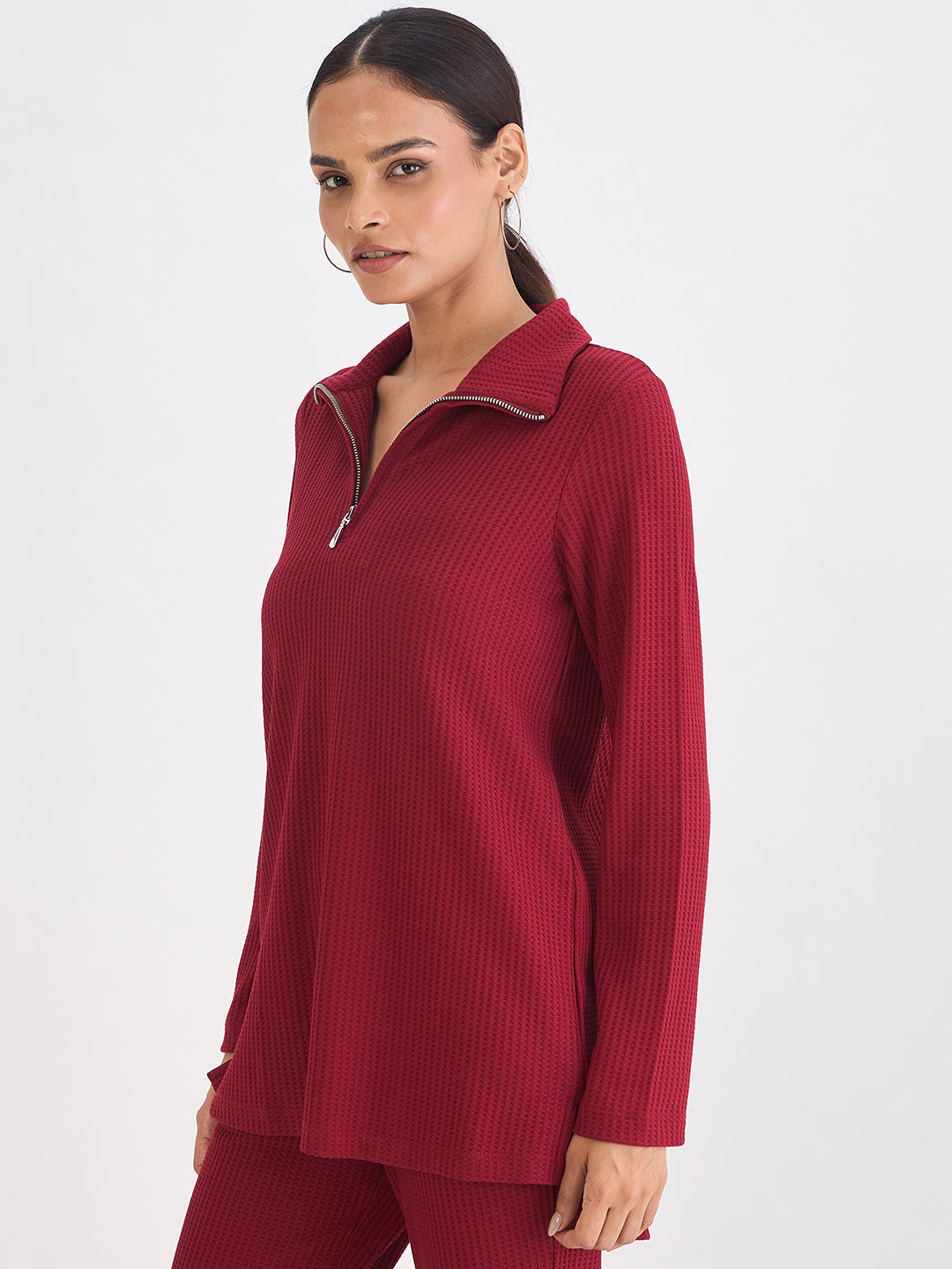 Deep Red Waffle Knit High Neck Top
