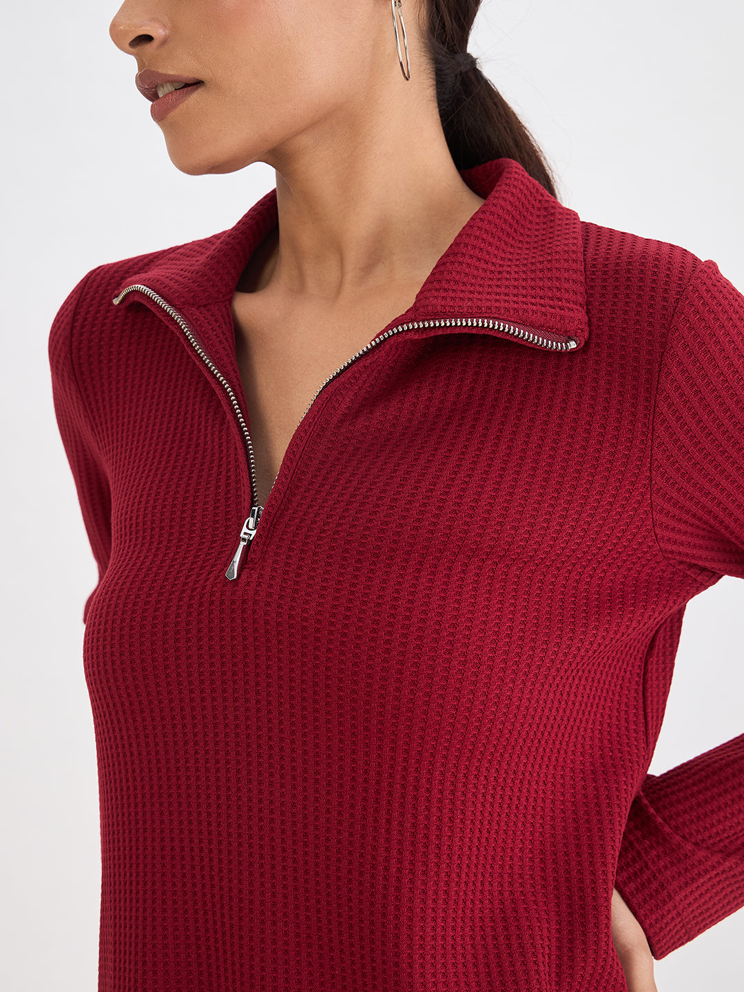 Deep Red Waffle Knit High Neck Top