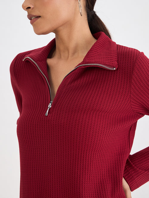 Deep Red Waffle Knit High Neck Top