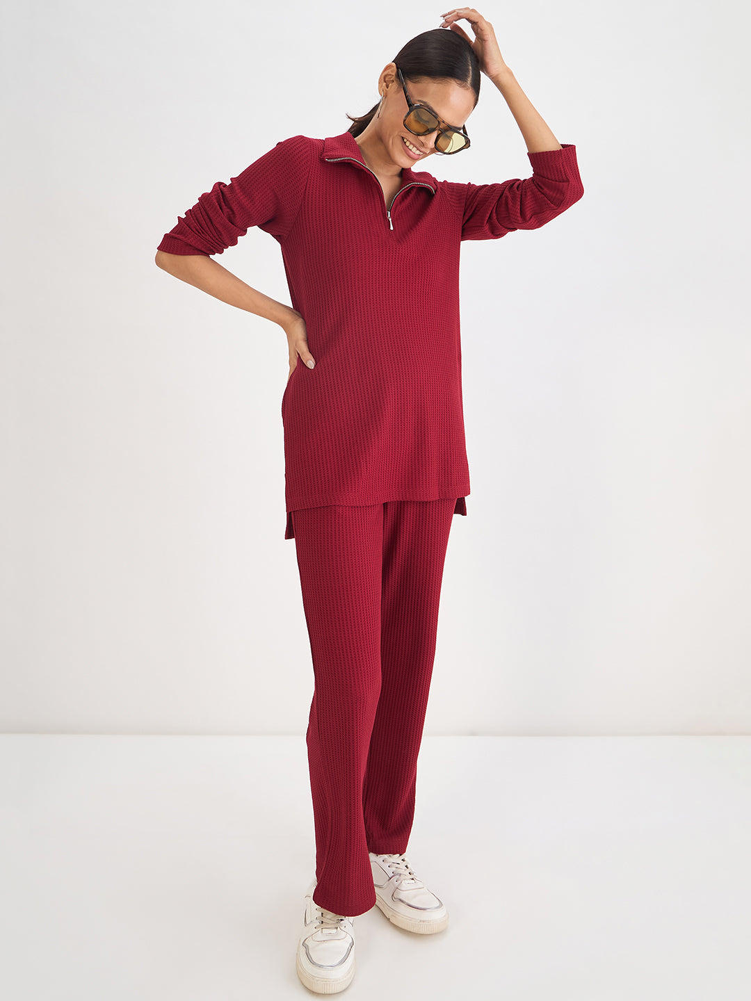 Deep Red Waffle Knit High Neck Top