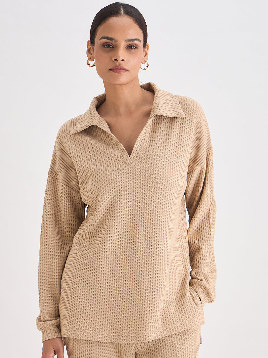 Beige Waffle Knit Collar Detail Top