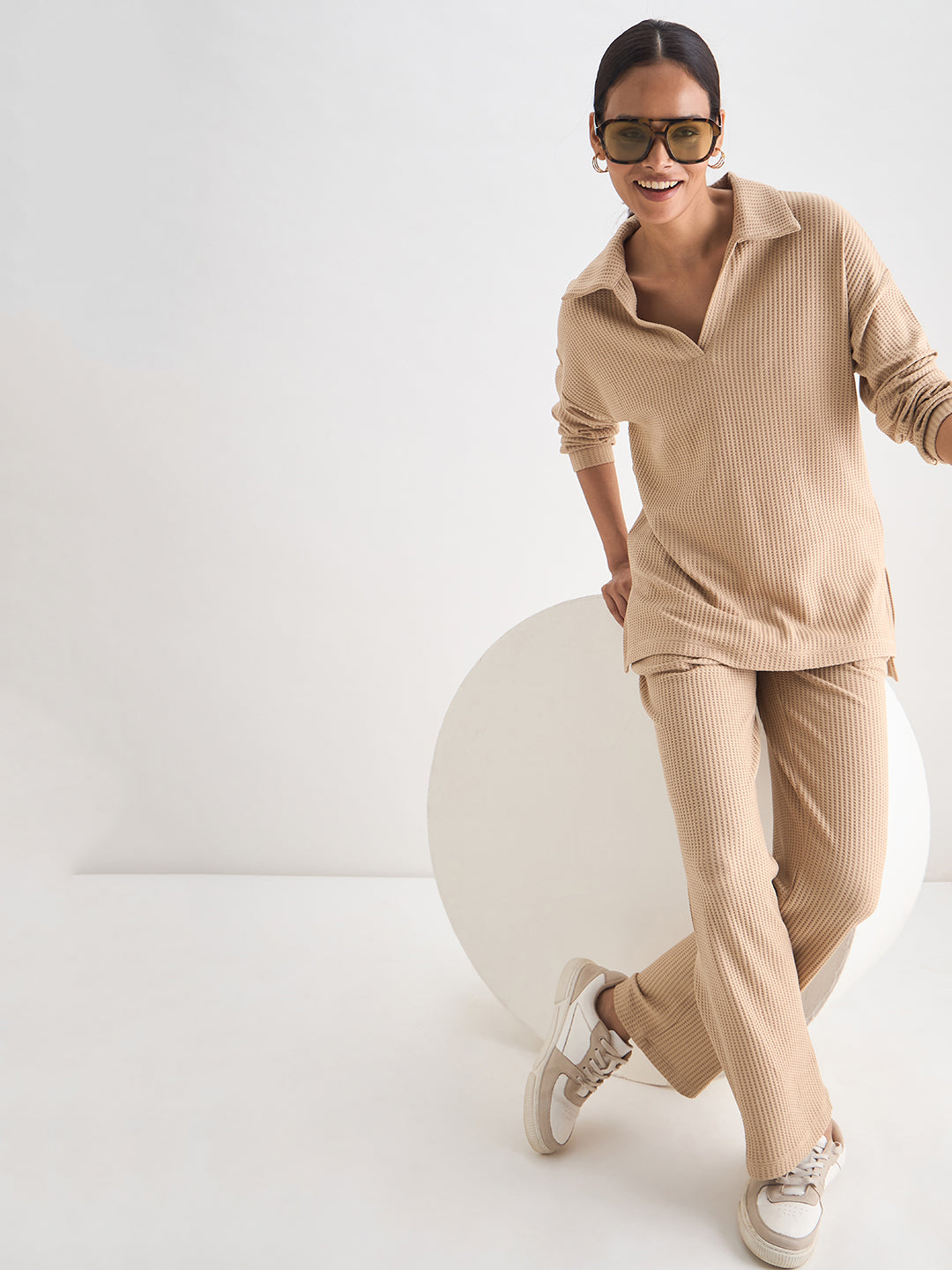 Beige Waffle Knit Straight Pants