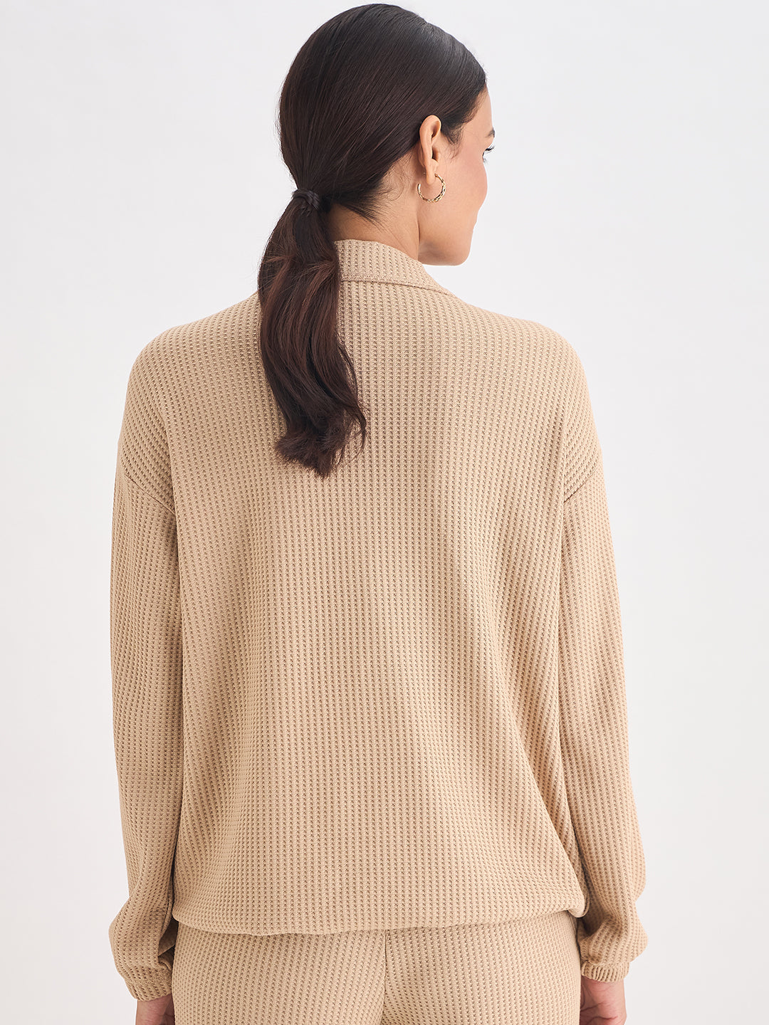 Beige Waffle Knit Zip Up Top