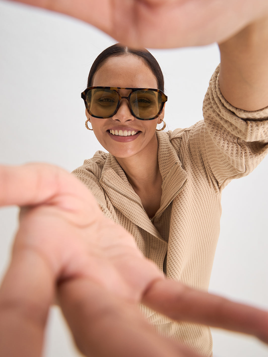 Beige Waffle Knit Zip Up Top