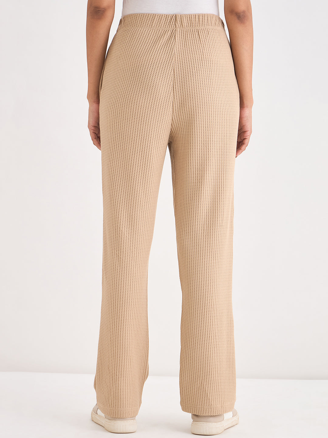 Beige Waffle Knit Straight Pants