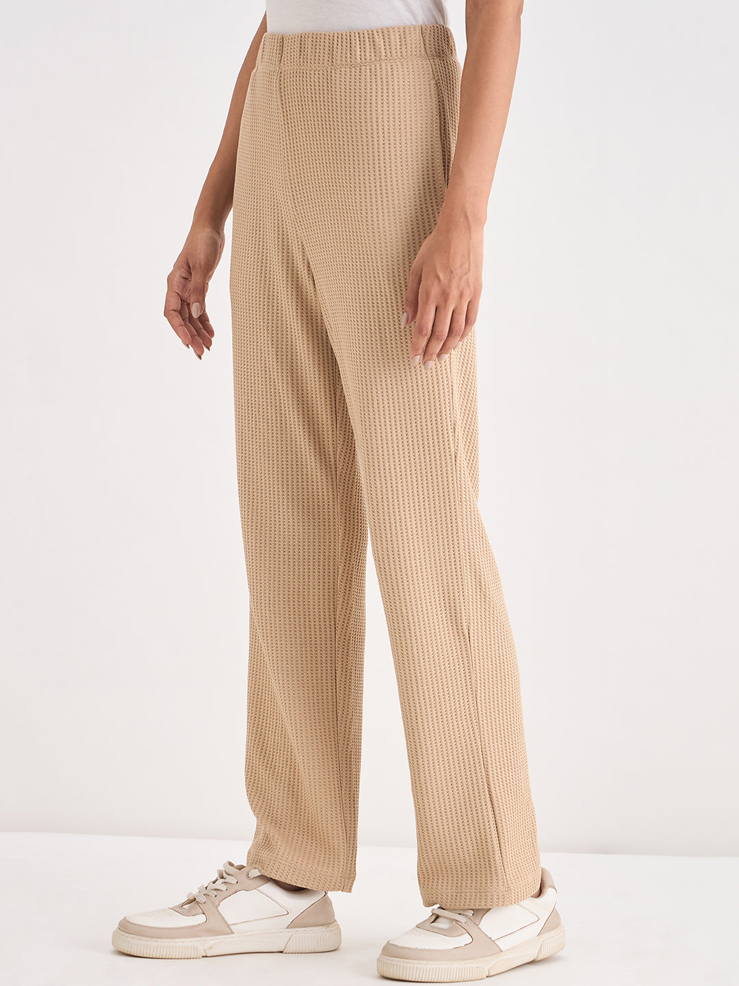 Beige Waffle Knit Straight Pants
