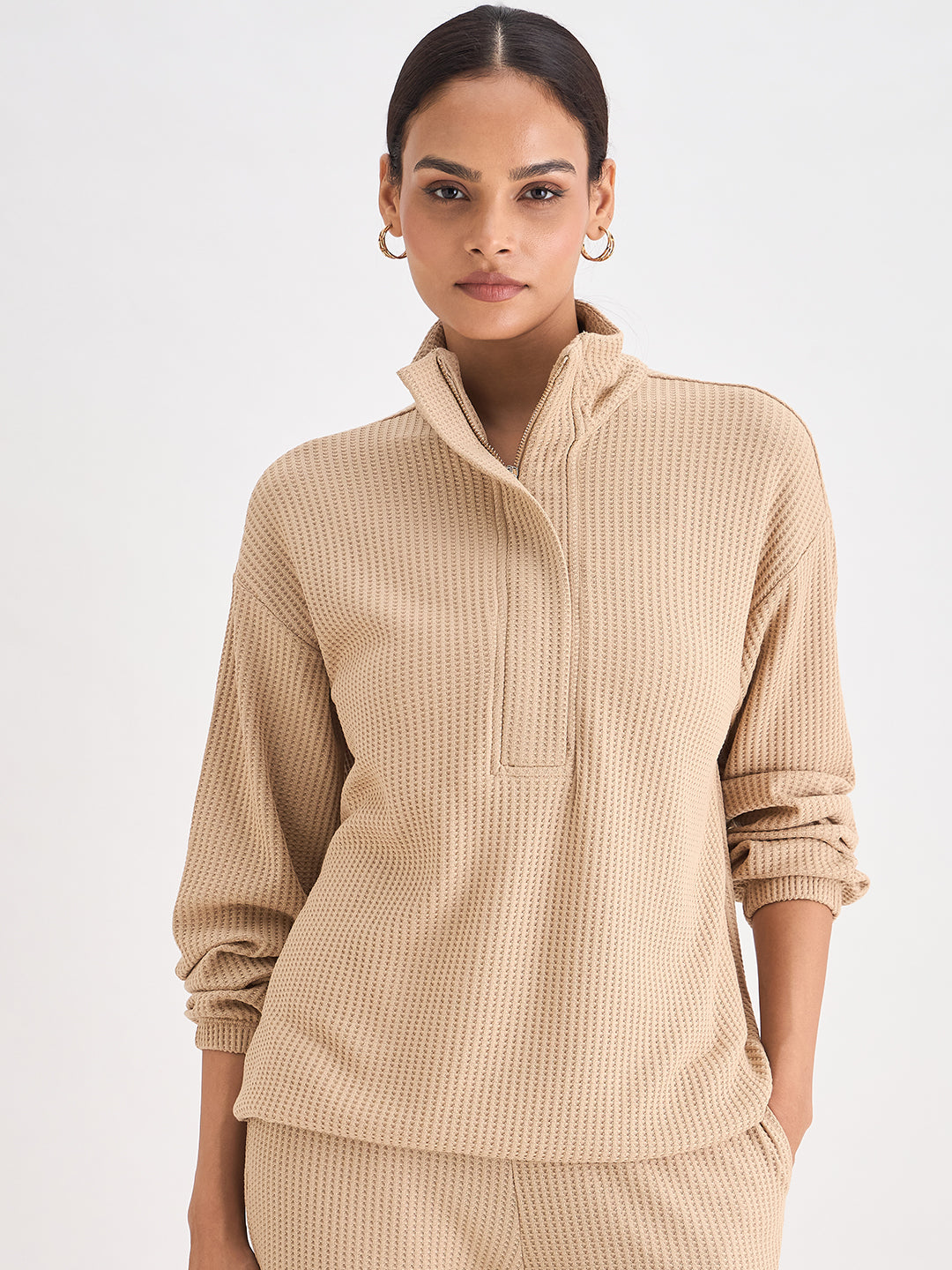 Beige Waffle Knit Zip Up Top