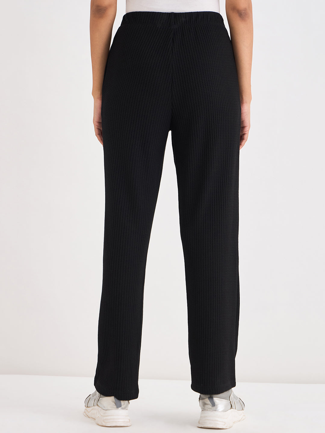 Black Waffle Knit Straight Pants