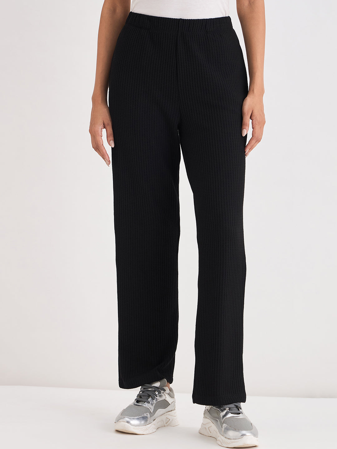 Black Waffle Knit Straight Pants