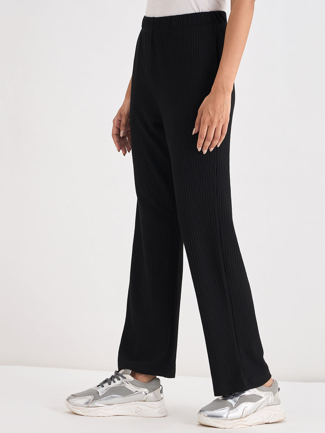 Black Waffle Knit Straight Pants