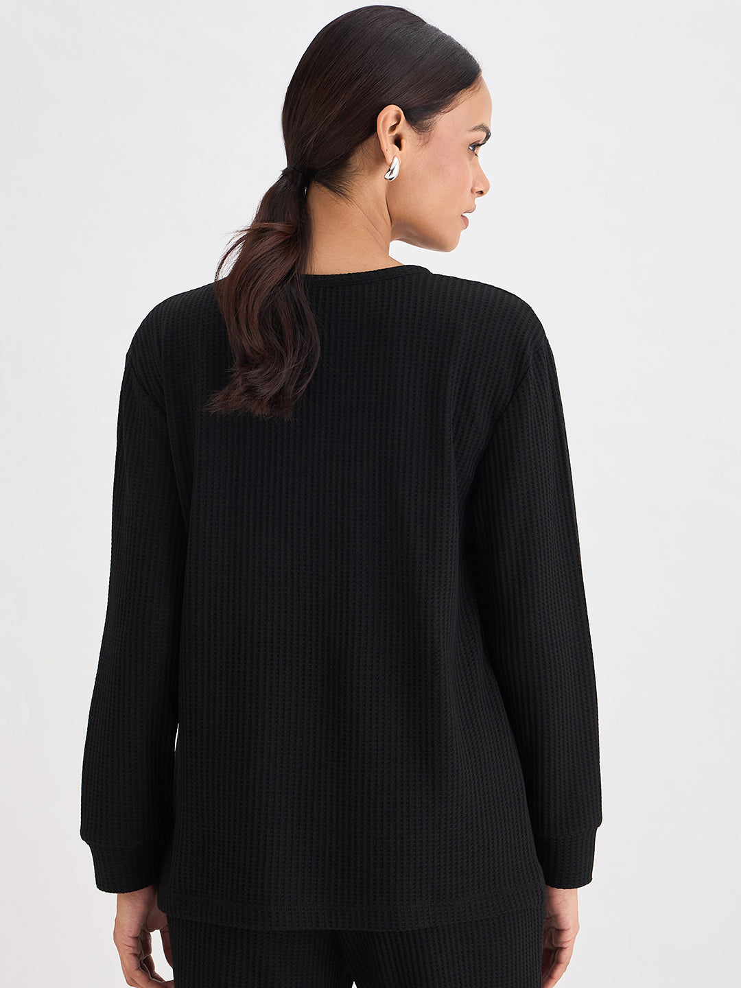 Black Waffle Knit Notch Neck Top