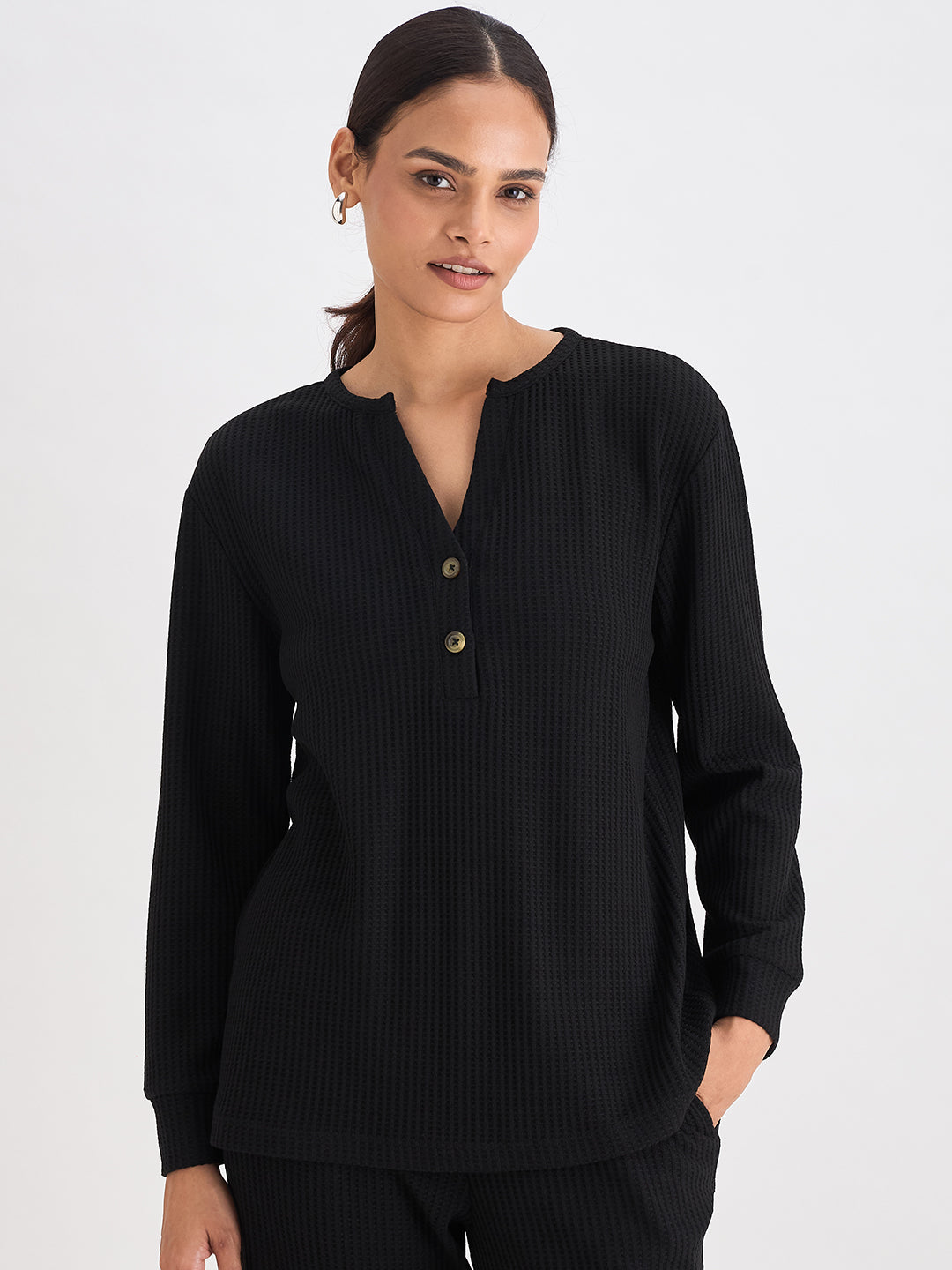 Black Waffle Knit Notch Neck Top