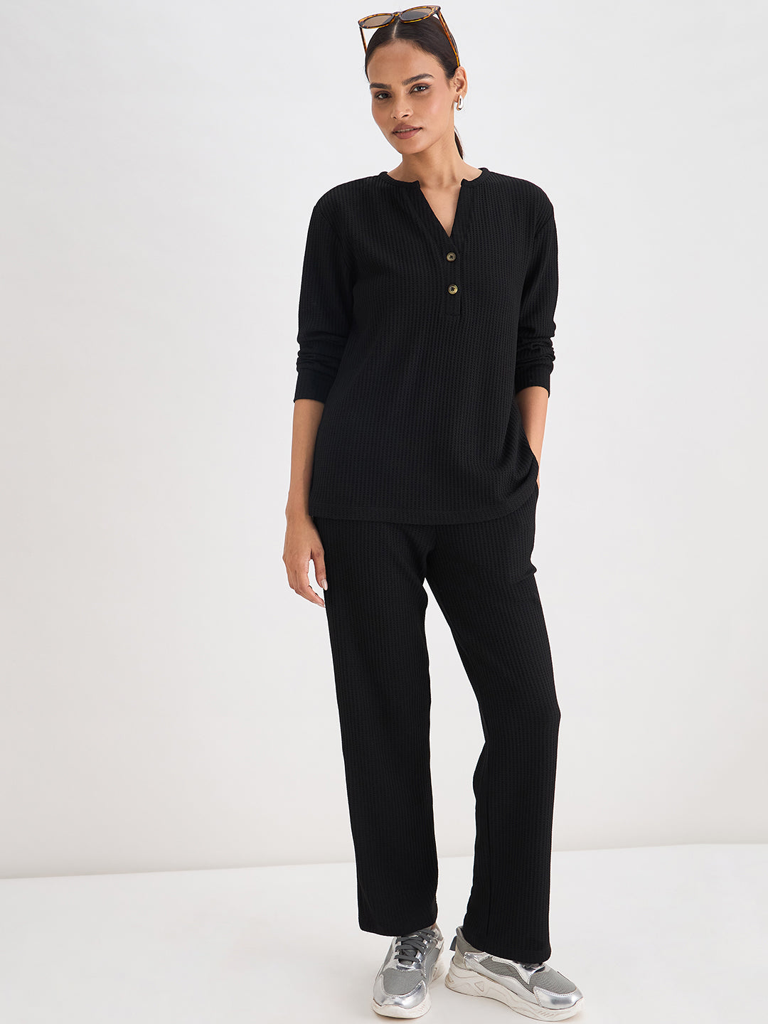 Black Waffle Knit Notch Neck Top