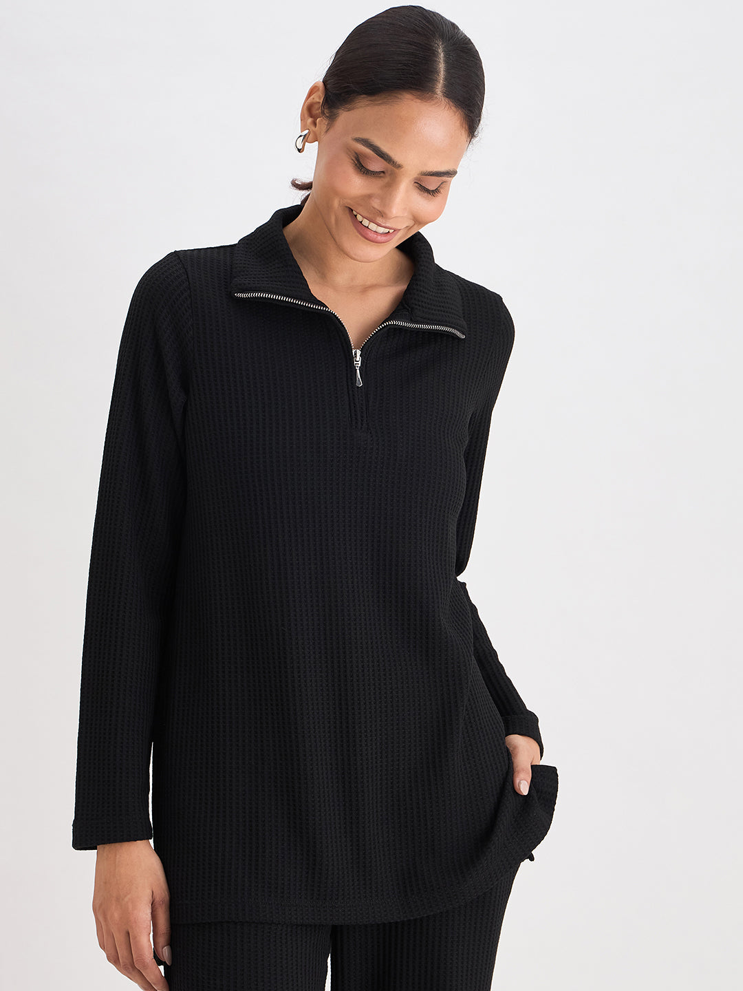 Black Waffle Knit High Neck Top