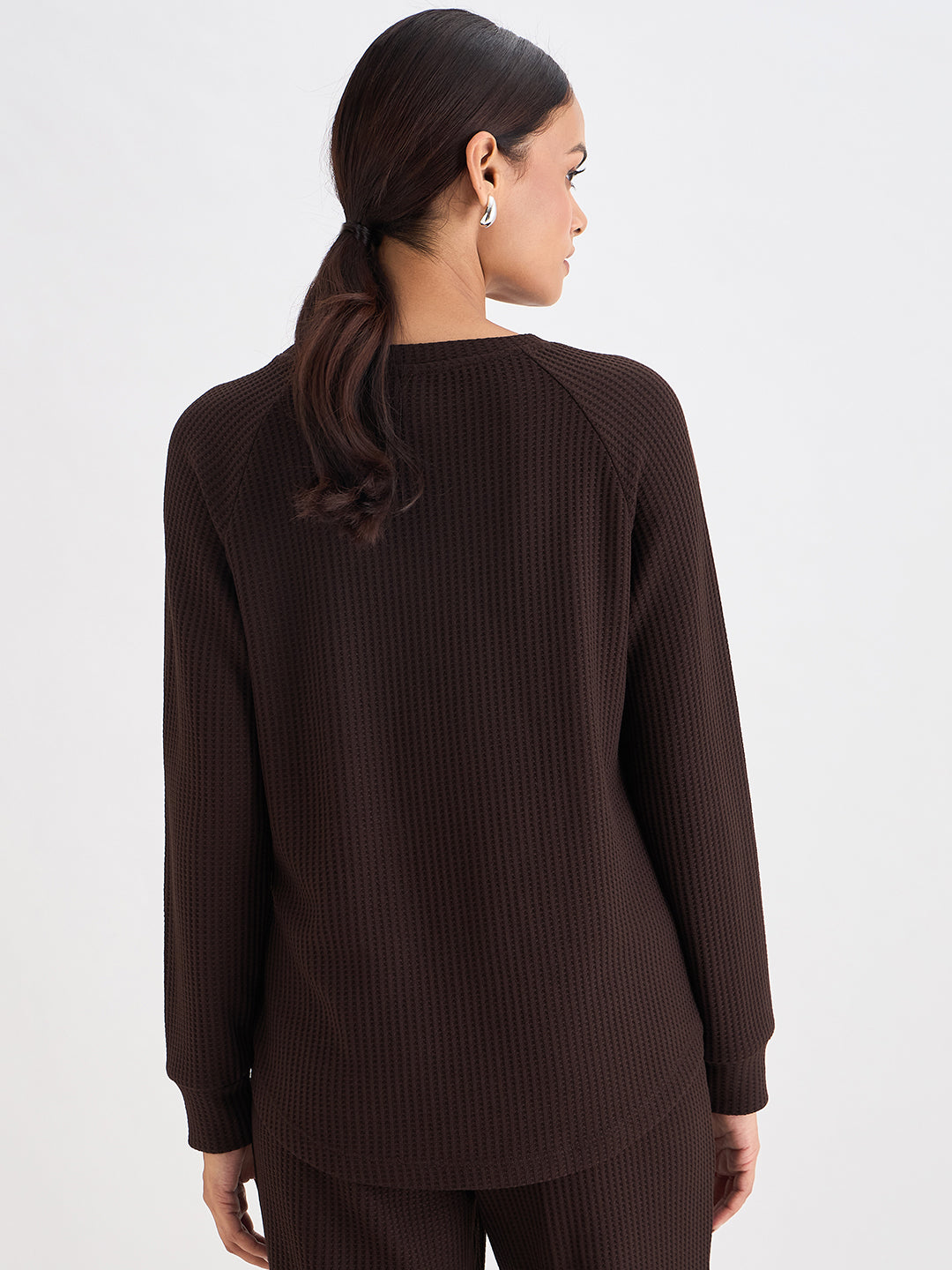 Coffee Brown Waffle Knit Crew Neck Top