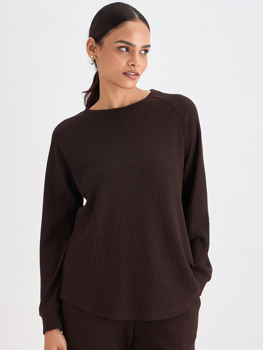 Coffee Brown Waffle Knit Crew Neck Top