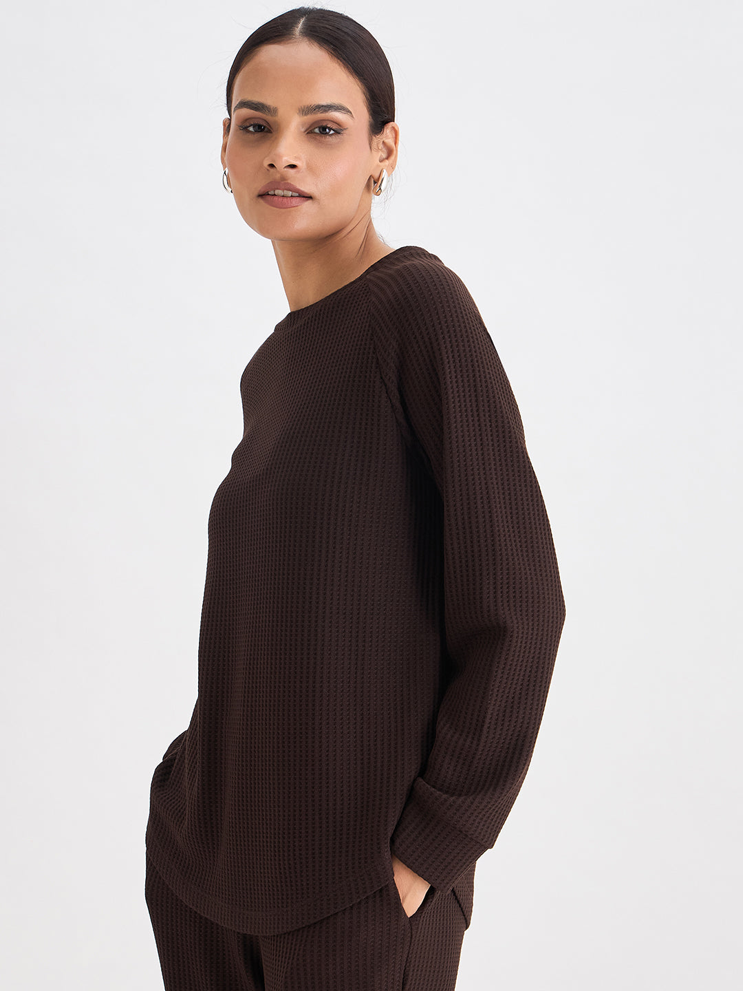 Coffee Brown Waffle Knit Crew Neck Top