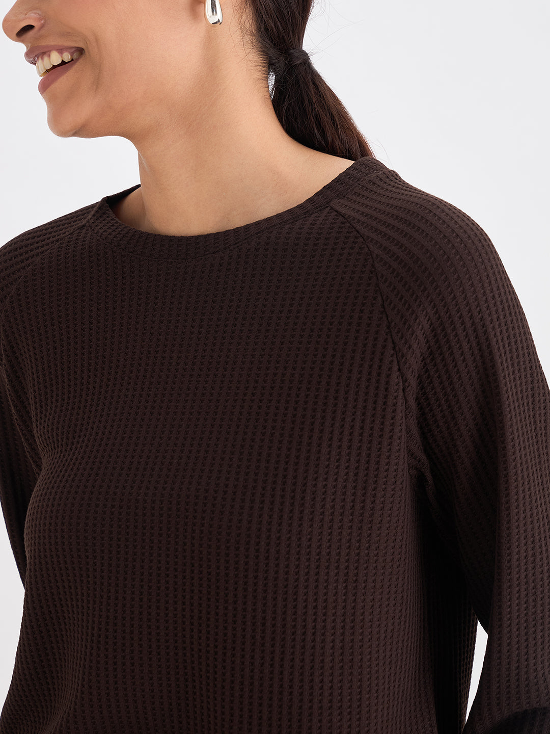 Coffee Brown Waffle Knit Crew Neck Top