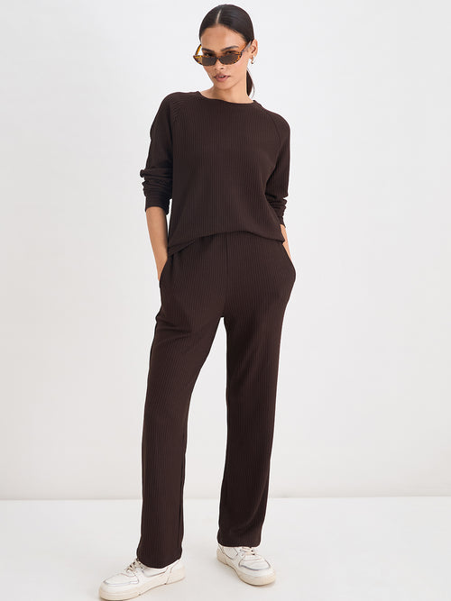 Coffee Brown Waffle Knit Crew Neck Top