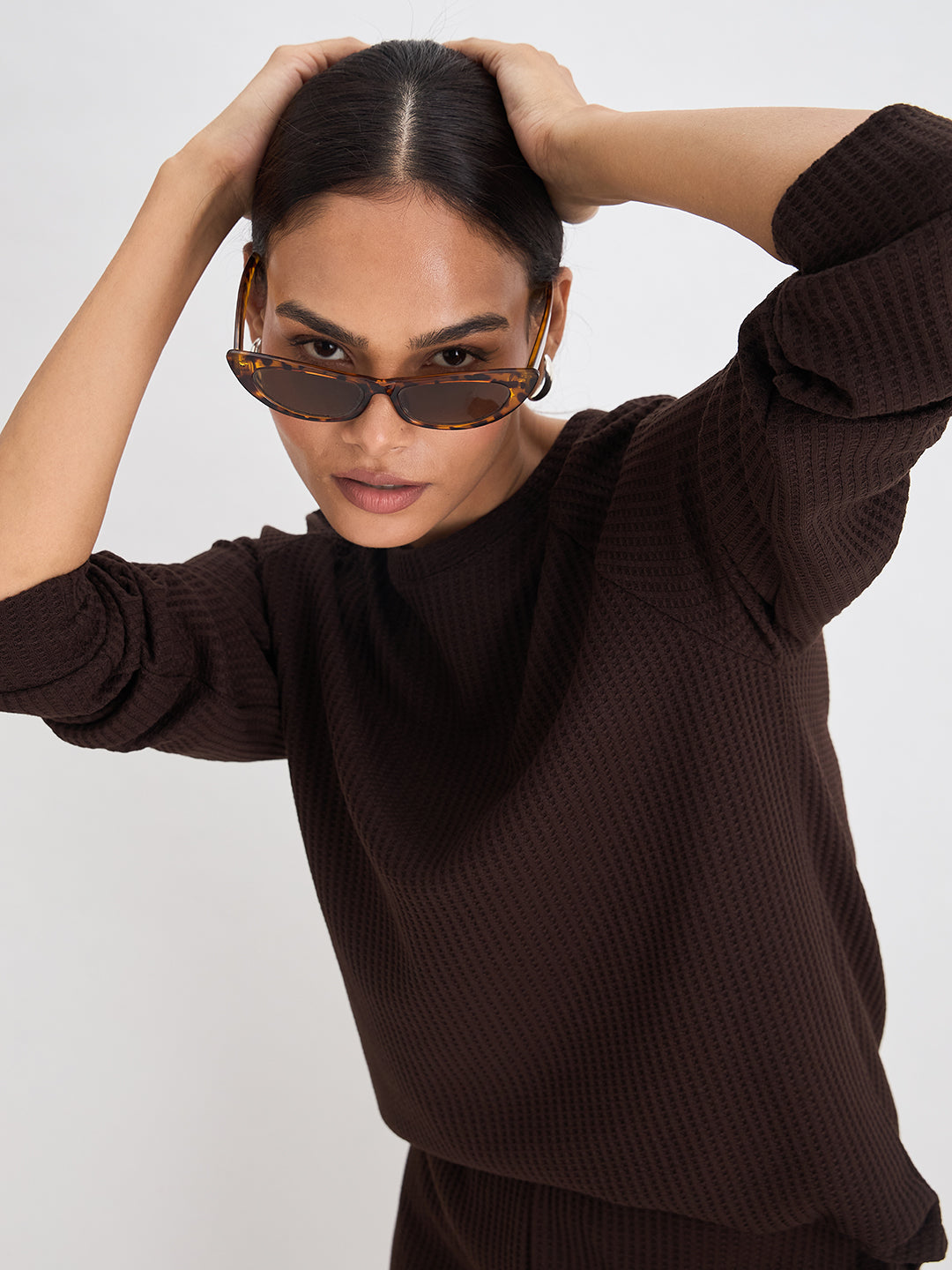 Coffee Brown Waffle Knit Crew Neck Top