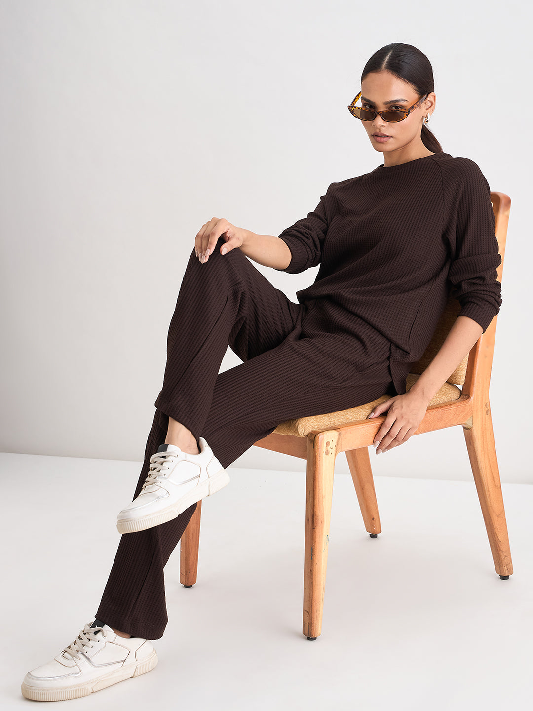 Coffee Brown Waffle Knit Straight Pants