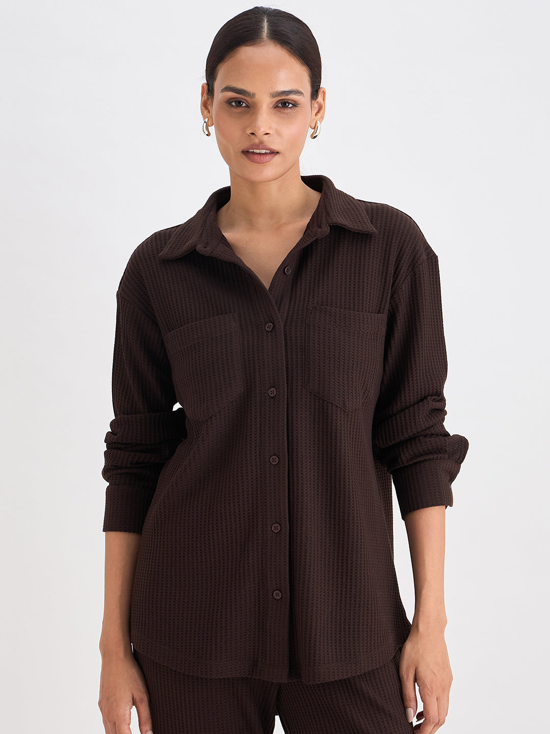 Coffee Brown Waffle Knit Button Down Shirt