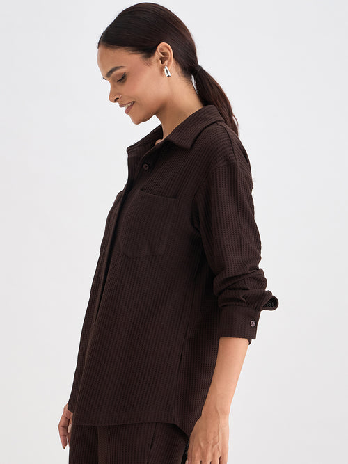 Coffee Brown Waffle Knit Button Down Shirt