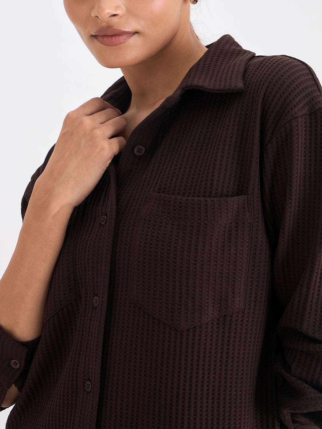 Coffee Brown Waffle Knit Button Down Shirt