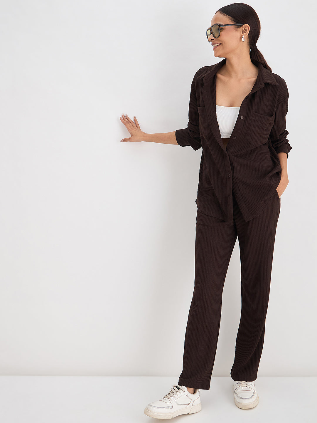 Coffee Brown Waffle Knit Button Down Shirt