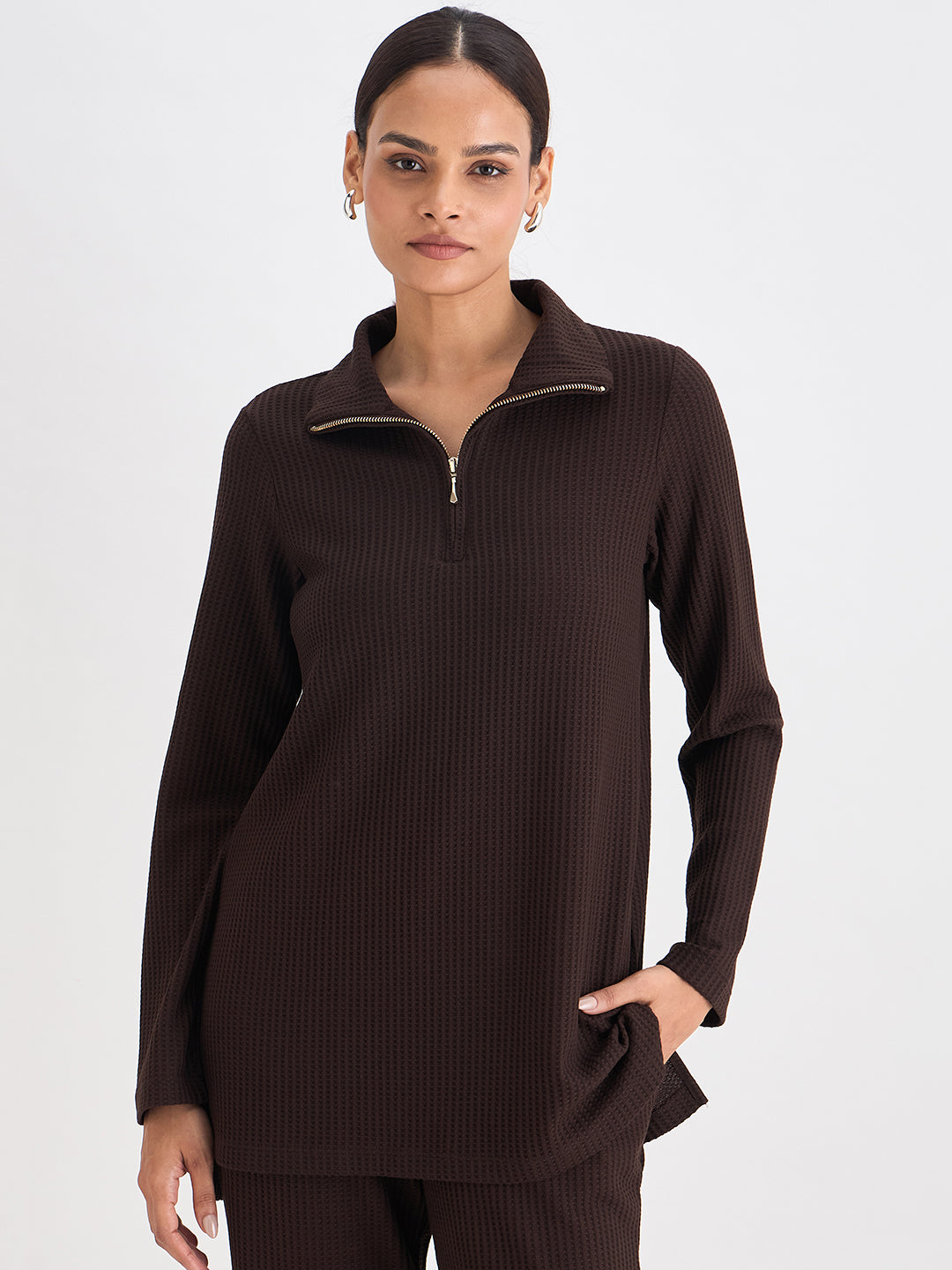 Coffee Brown Waffle Knit High Neck Top