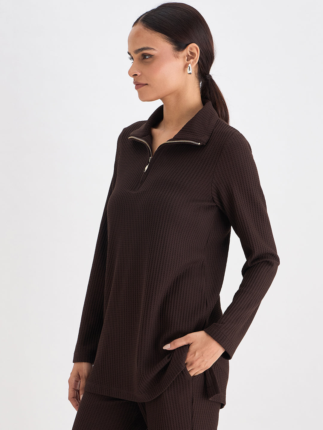 Coffee Brown Waffle Knit High Neck Top