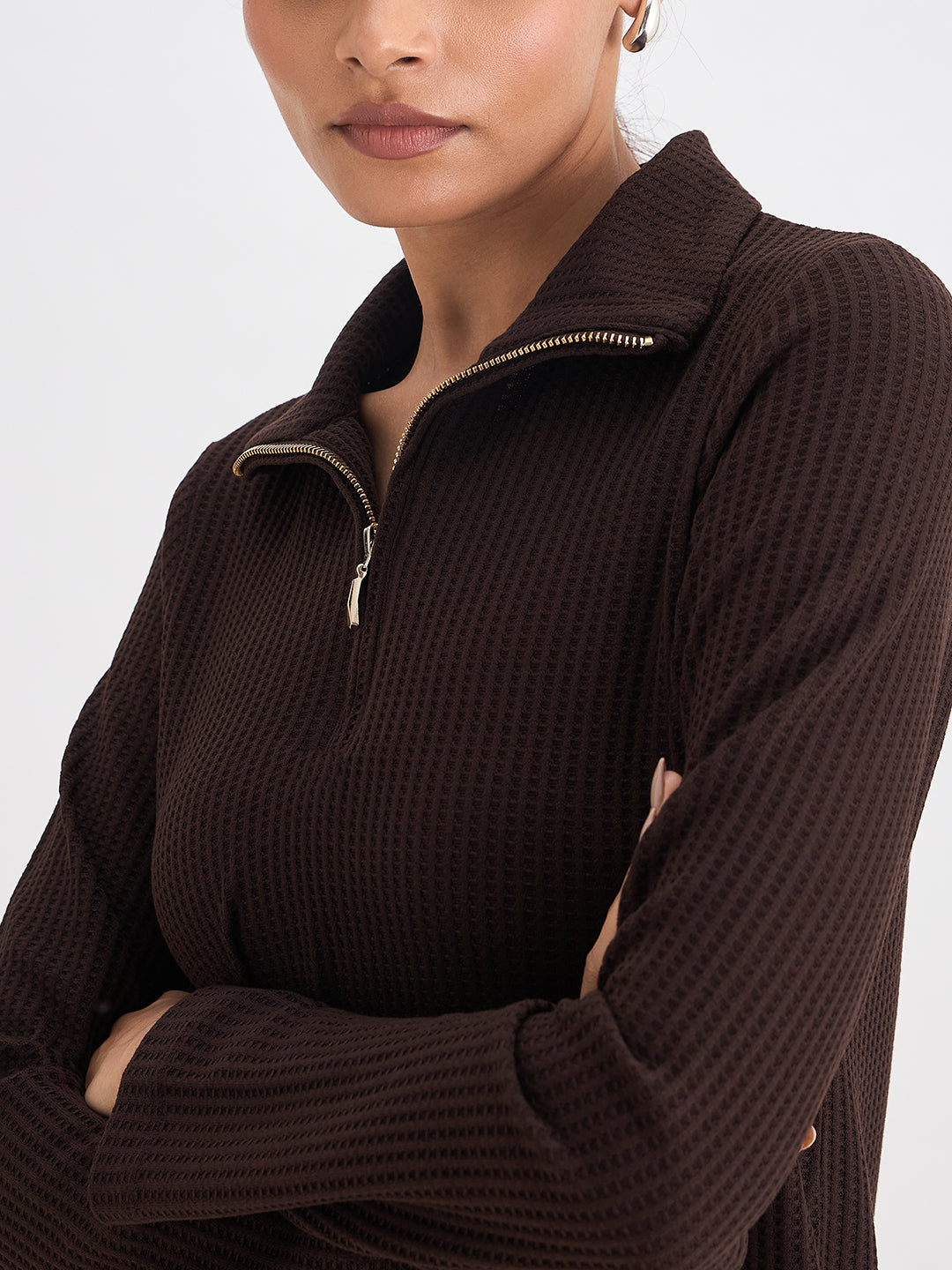 Coffee Brown Waffle Knit High Neck Top