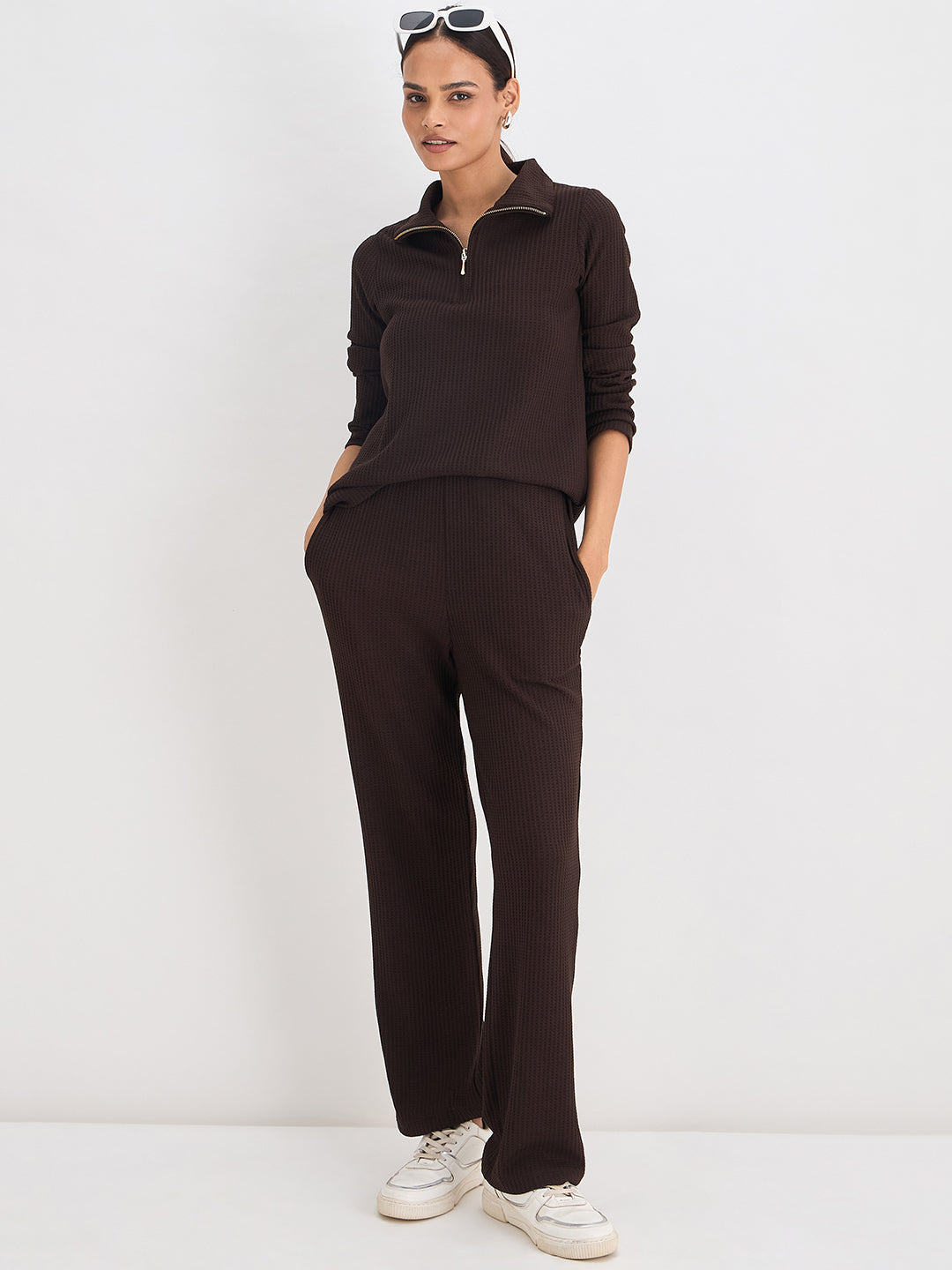 Coffee Brown Waffle Knit High Neck Top