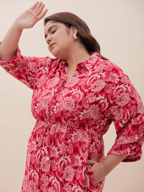 Red Paisley Print Midi Dress
