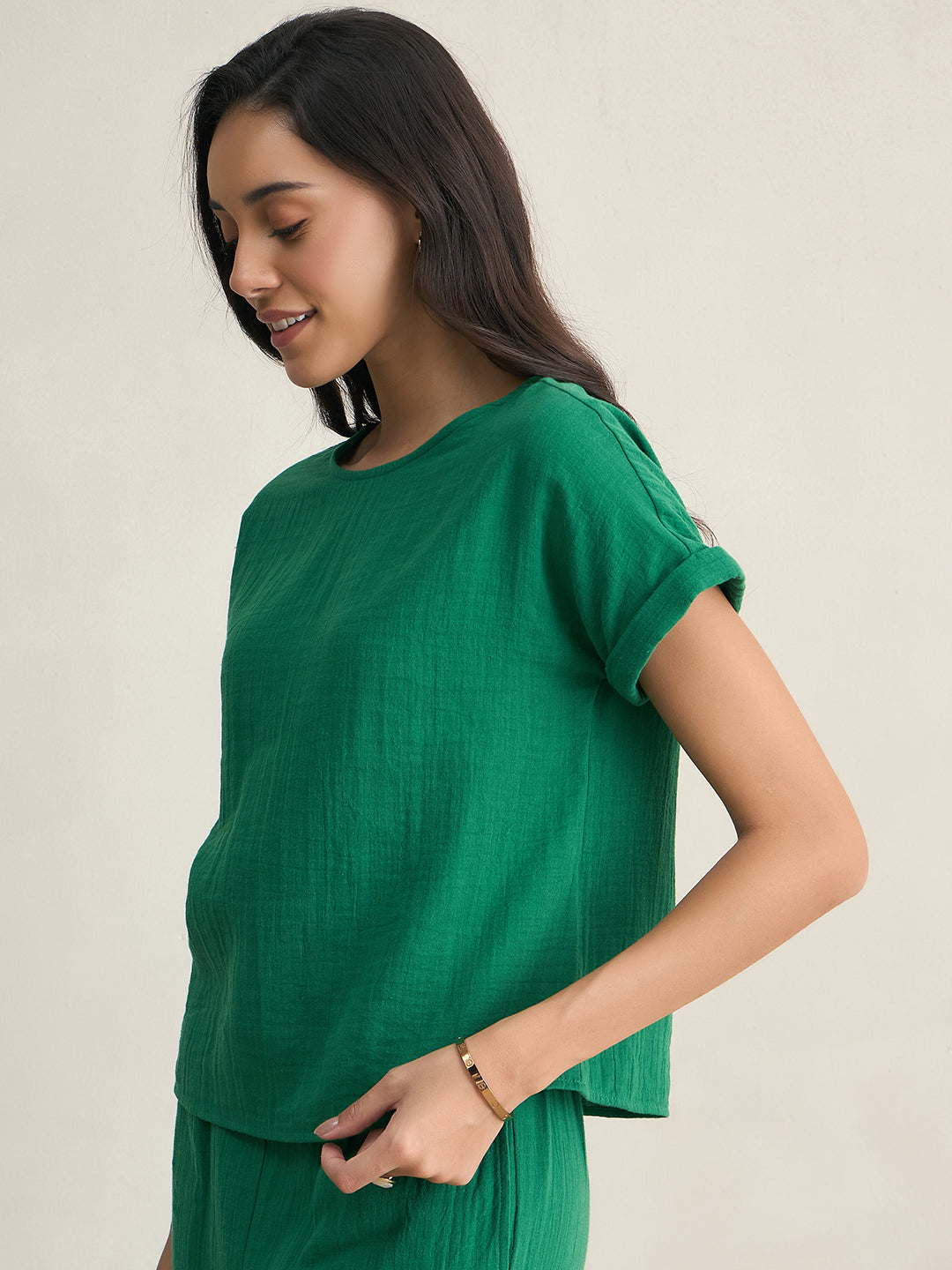 Cotton Gauze Green Round Neck Top With Straight Pant
