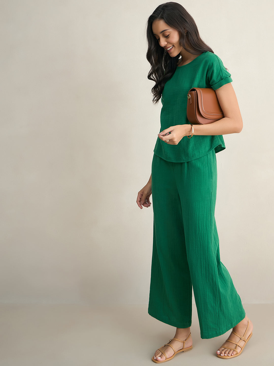 Cotton Gauze Green Round Neck Top With Straight Pant