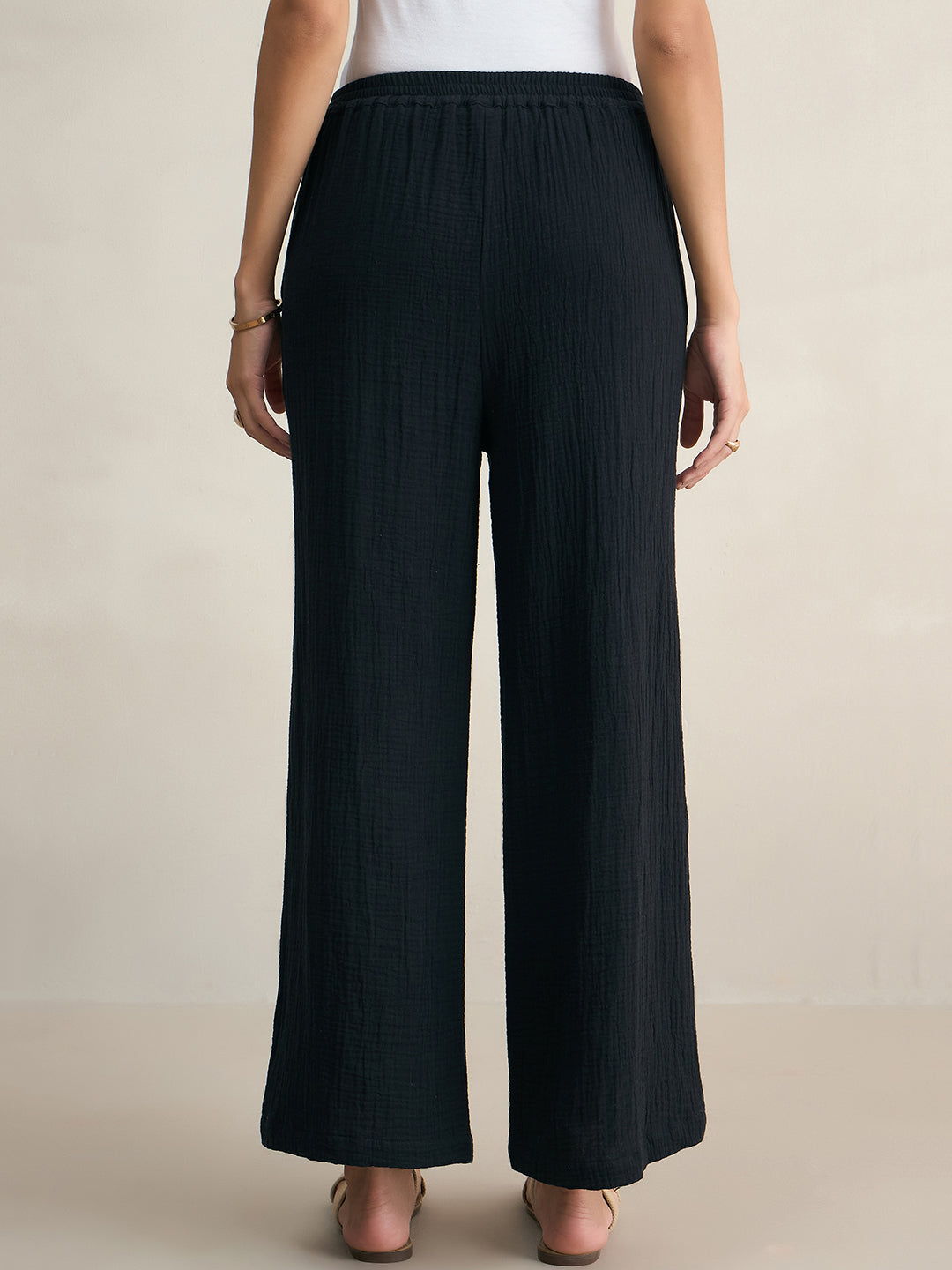 Cotton Gauze Black Sleeveless Top With Straight Pant