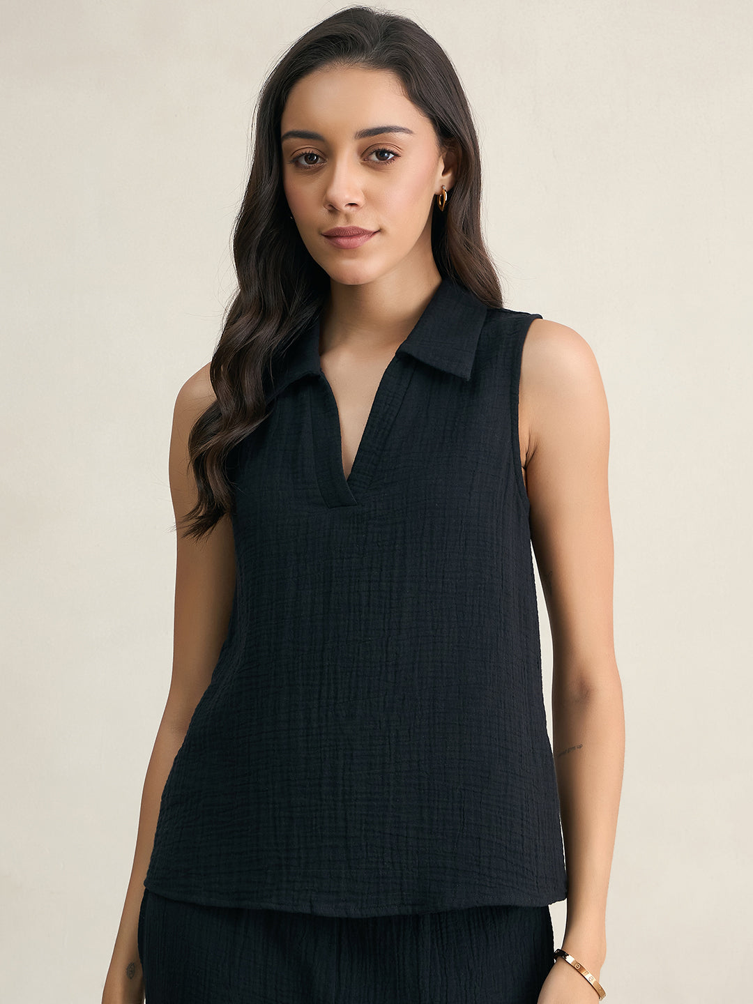 Cotton Gauze Black Sleeveless Top With Straight Pant