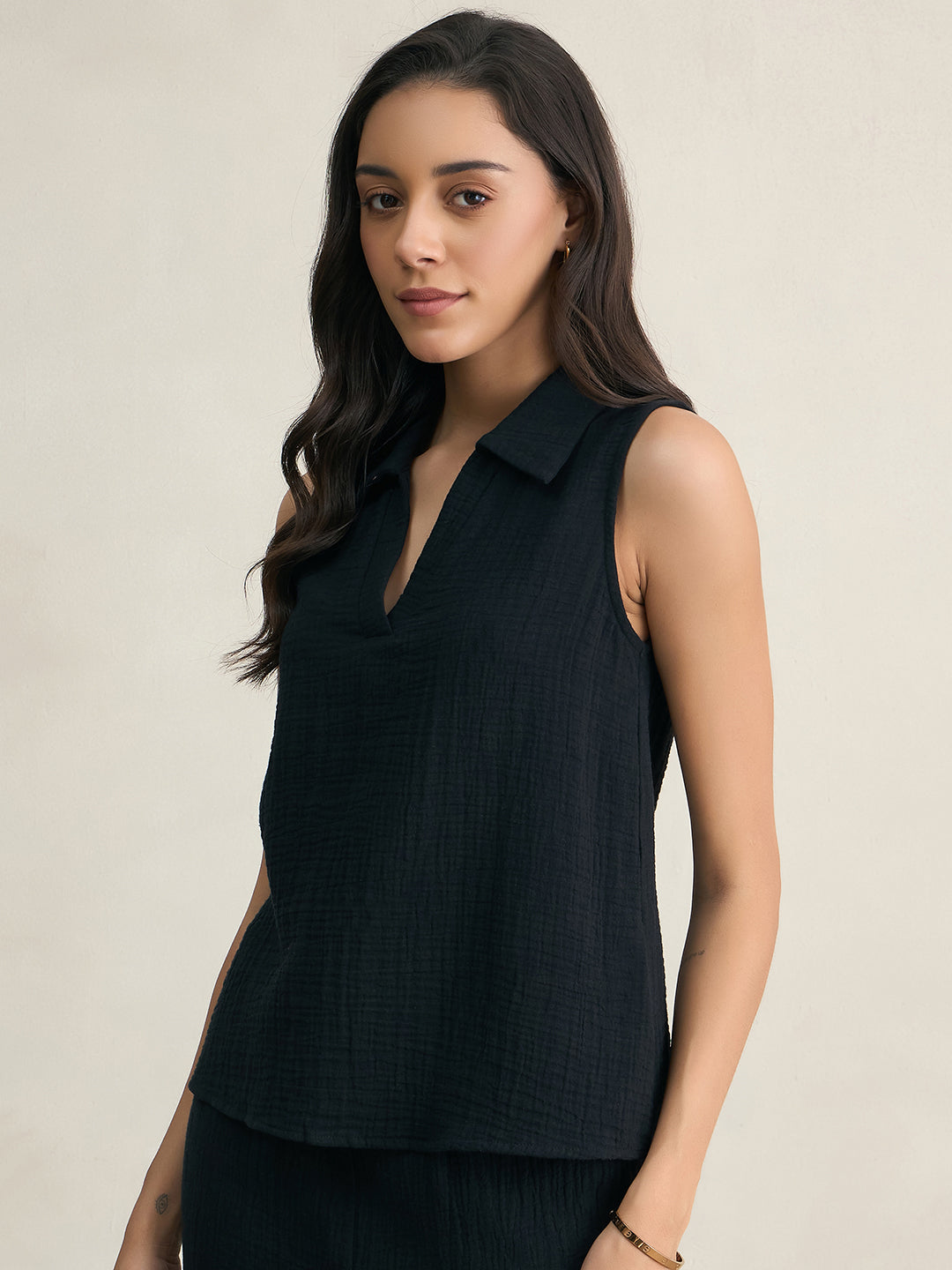 Cotton Gauze Black Sleeveless Top With Straight Pant