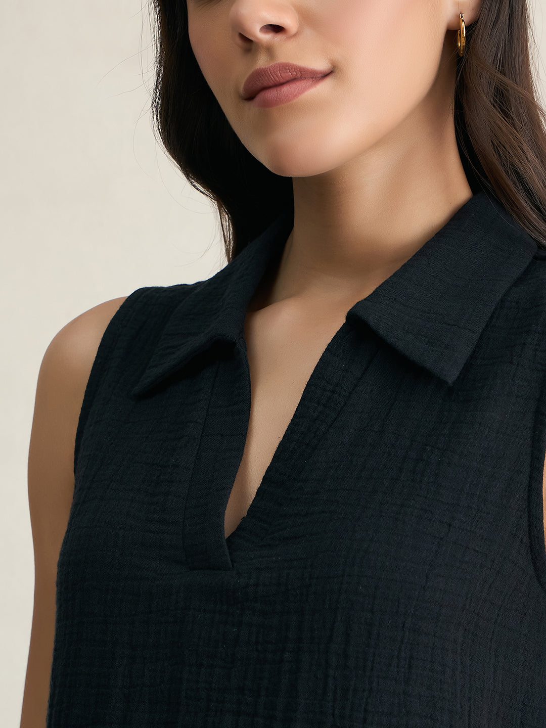 Cotton Gauze Black Sleeveless Top With Straight Pant