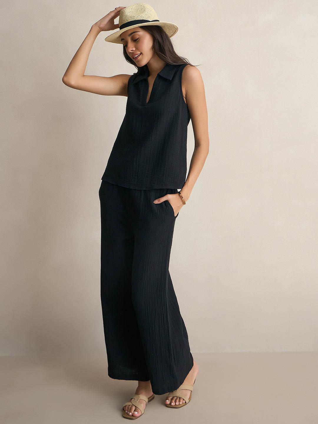 Cotton Gauze Black Sleeveless Top With Straight Pant