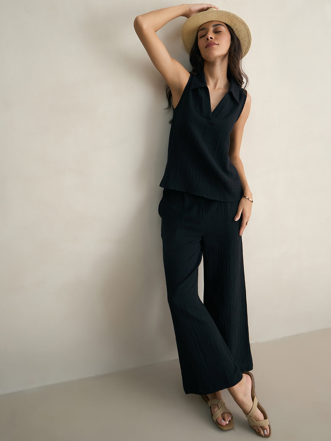 Cotton Gauze Black Sleeveless Top With Straight Pant