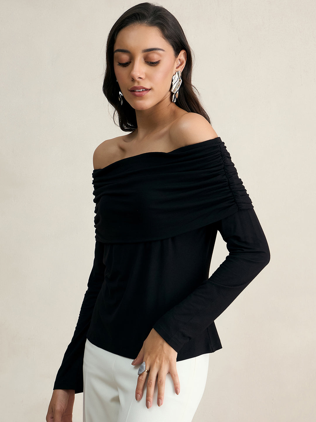 Bamboo Black Knit Off Shoulder Top