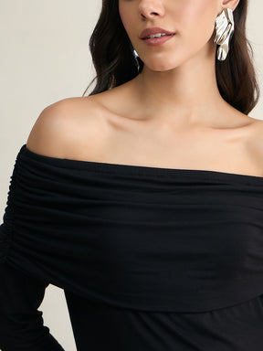 Bamboo Black Knit Off Shoulder Top
