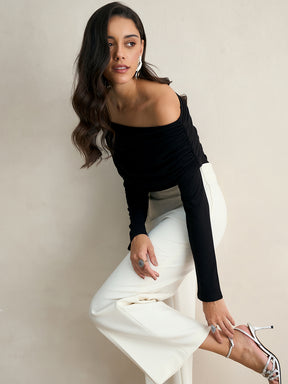 Bamboo Black Knit Off Shoulder Top