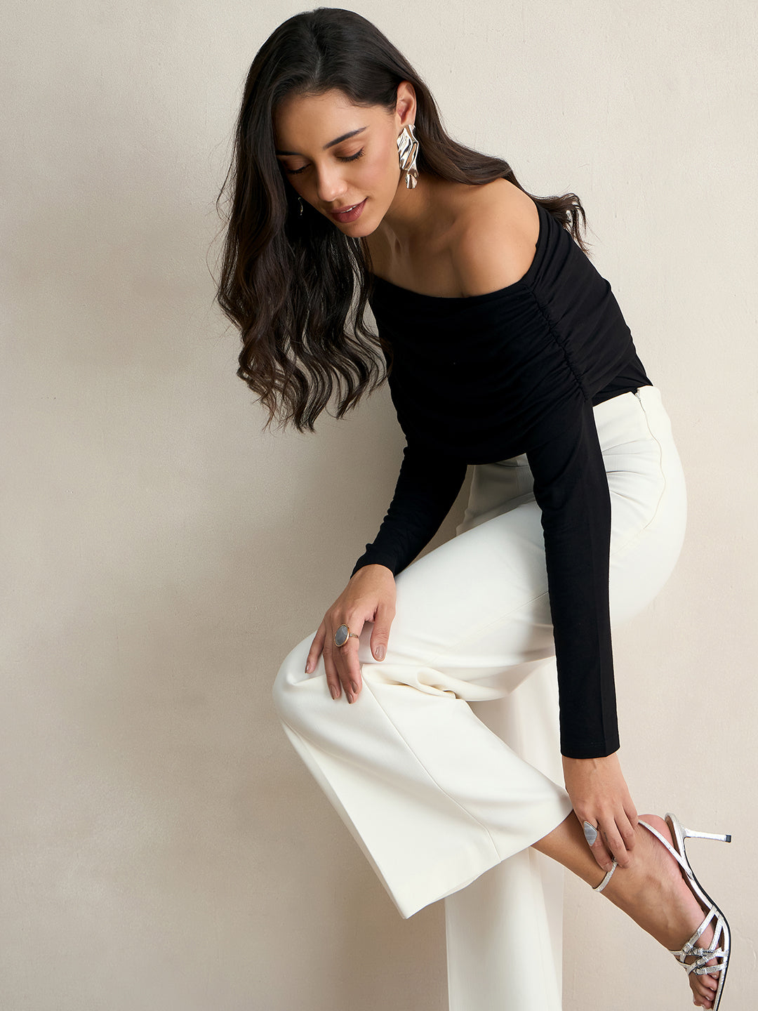 Bamboo Black Knit Off Shoulder Top