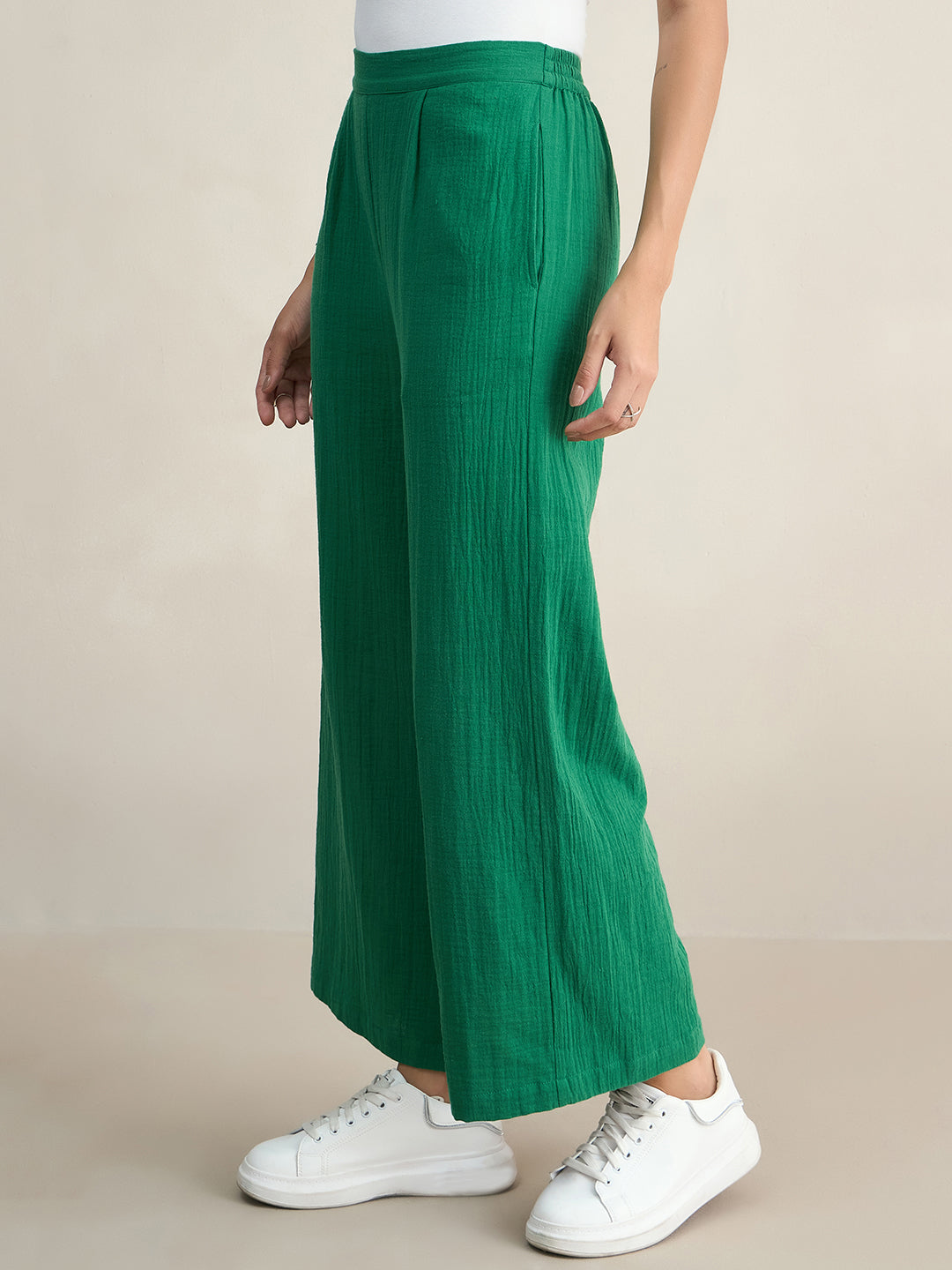 Cotton Gauze Green Sleeveless Top With Straight Pant