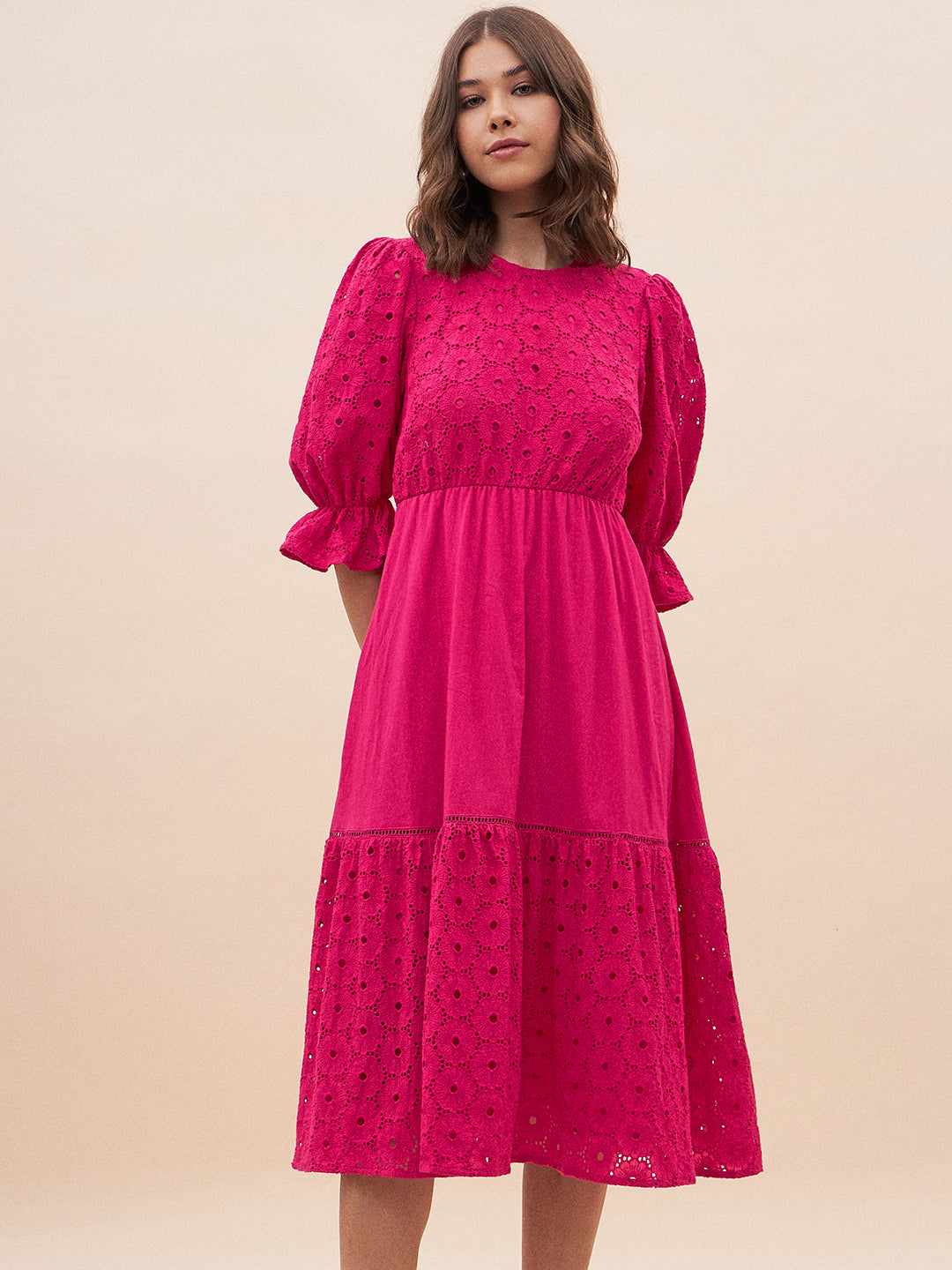 Pink Cotton Schiffli Tiered Midi Dress